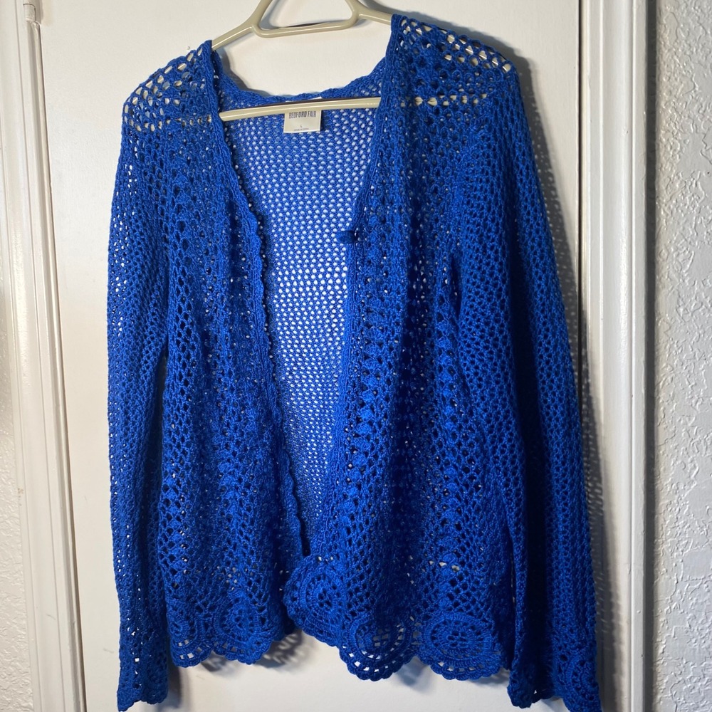 Bedford Fair Royal Blue Crochet Open Front Cardigan Scalloped Hem Size Large - Picture 2 of 6